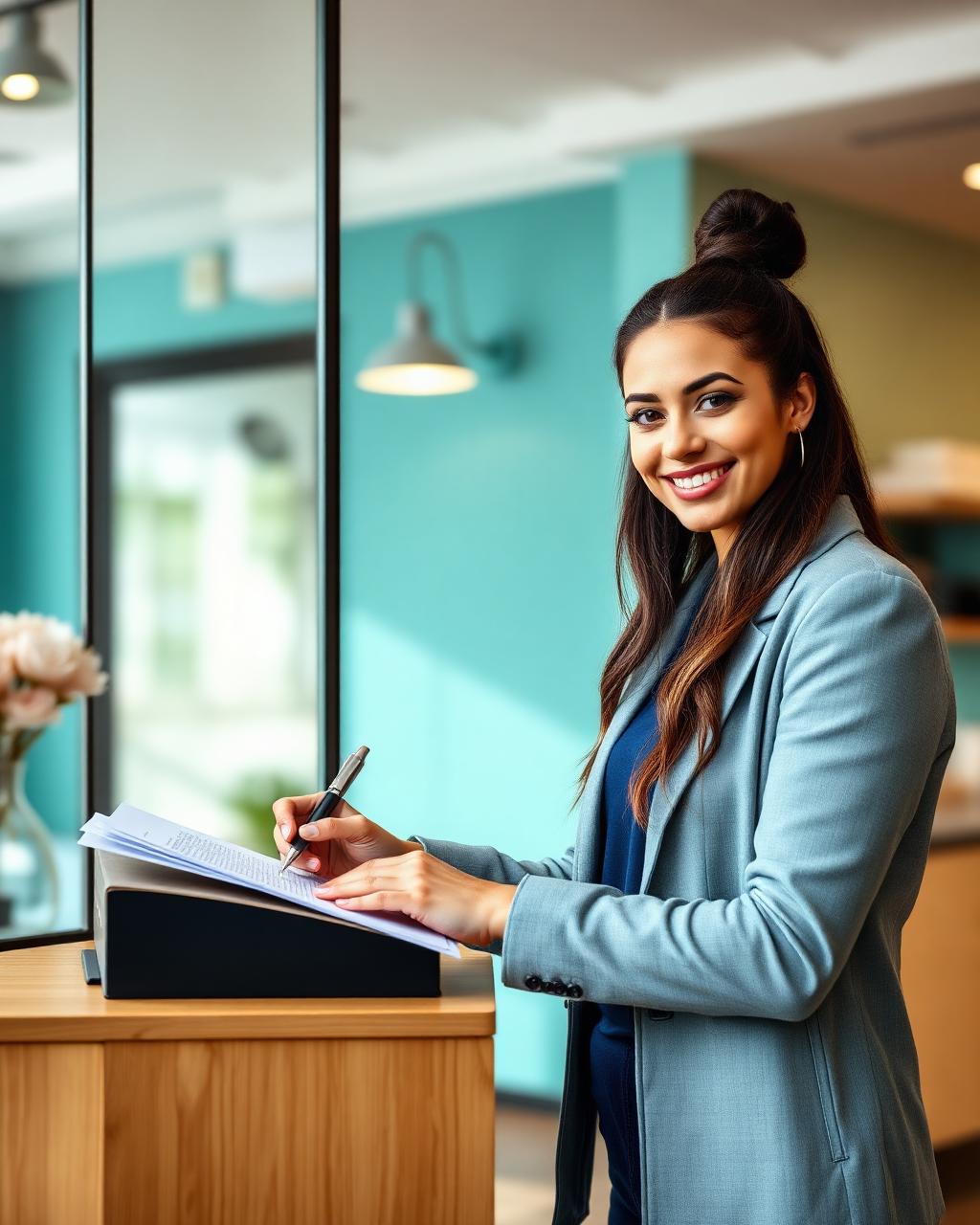 New business owner completing formation paperwork in her storefront