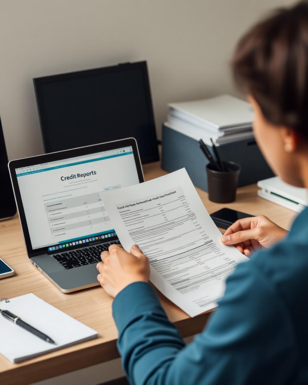 Person reviewing a credit report on a laptop at a tidy desk