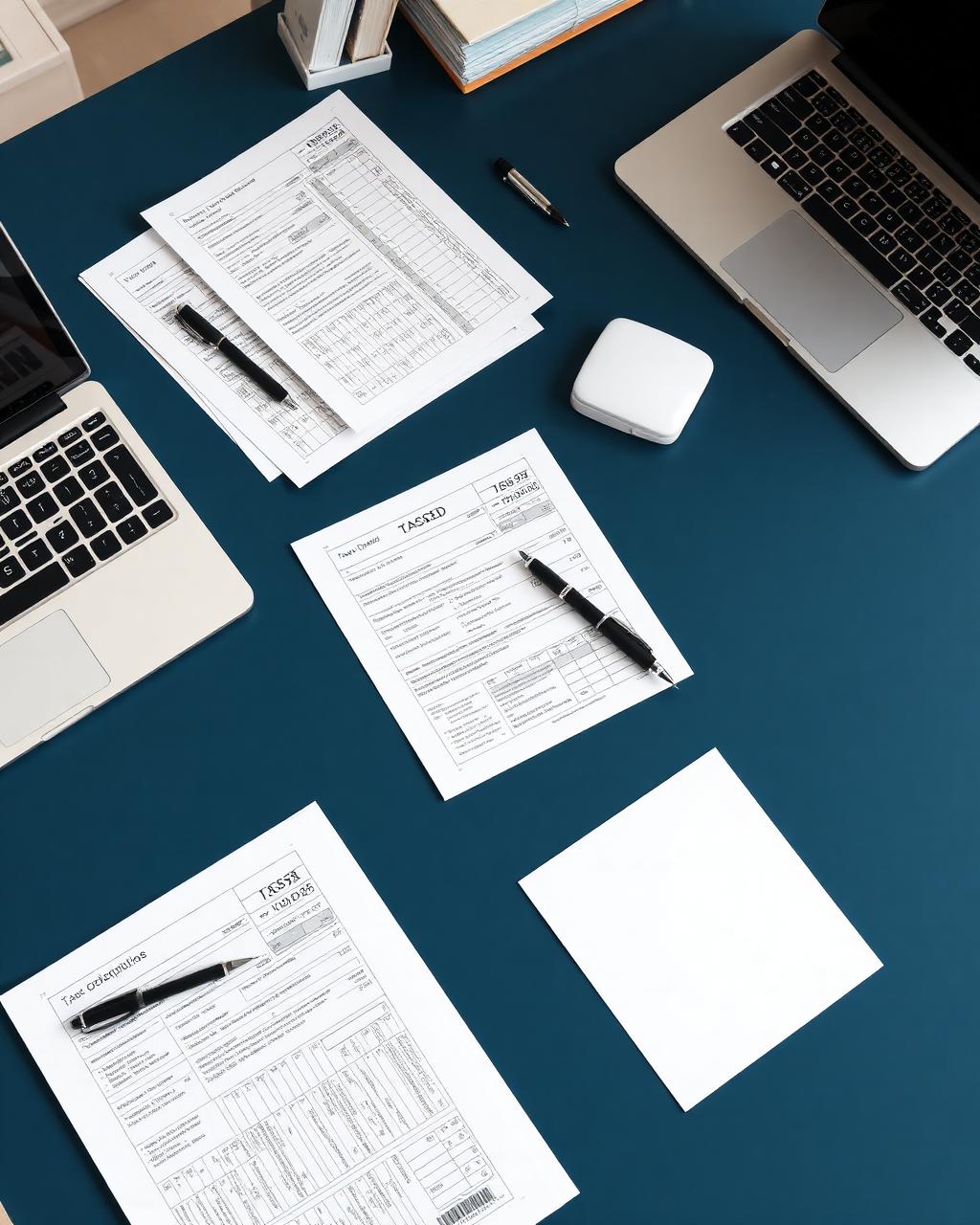 Tax forms, calculator and laptop arranged on a professional desk